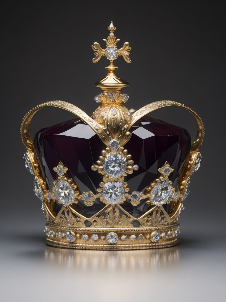 St. Edward’s Gold Crown adorned with gems, Black gradient background, Incredibly high detail, deep & bright colors, contrast light