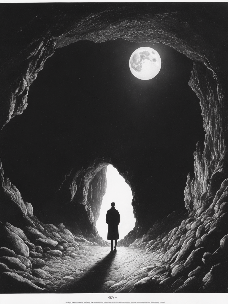 black and white illustration of a man standing in a cave looking at the moon by Gustave Dor