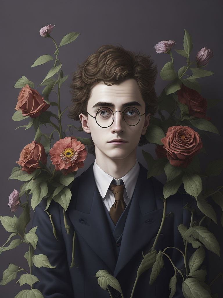 Harry potter with flowers, painted by rené magritte