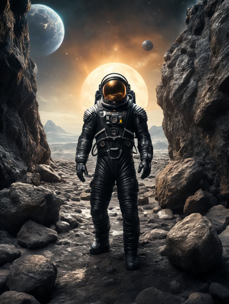 Space traveler in a black rock in middle of the universe. futuristic Astronaut suit, super hero style suit, energy blast