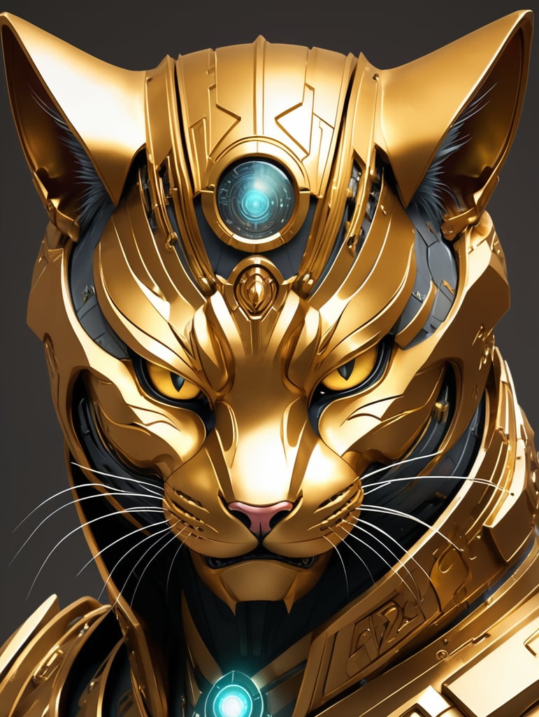 Golden Cyber Cat, Various style (make it more mystery, angry, villian vibe)