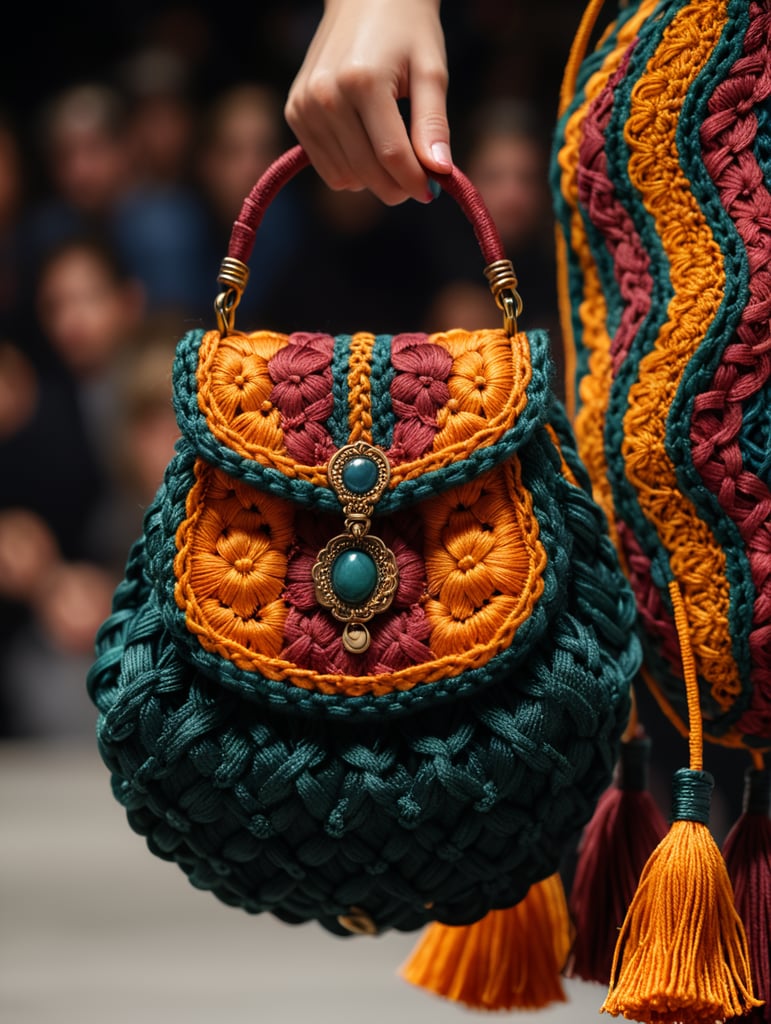 a closeup photo of a small puffy macrame purse made with puffy cords, vogue fashion show, autumn colors