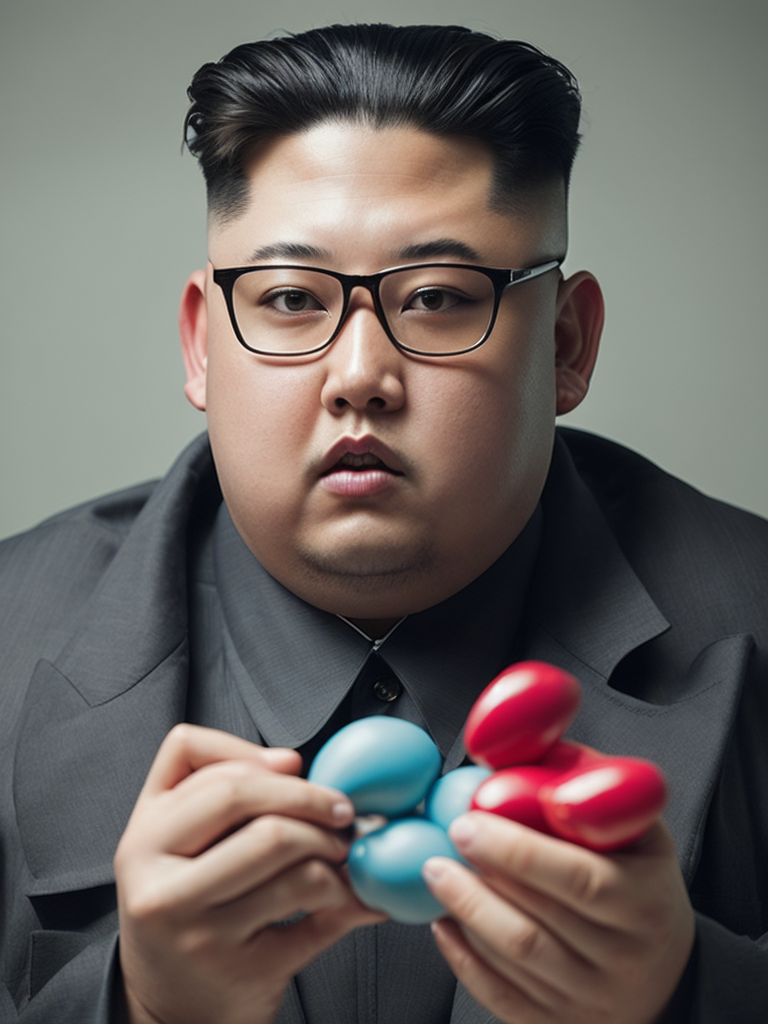 RAW Kim Jong Un blow Bubble Gum, looks at the camera, light background, bokeh, ornate background.