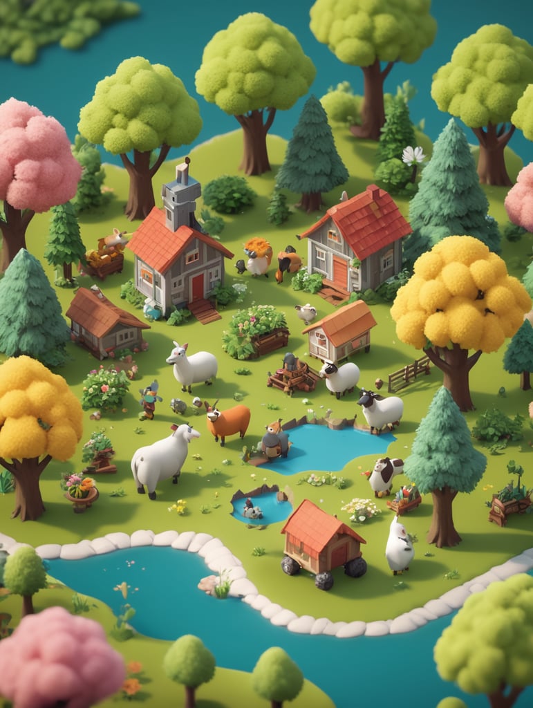 Detailed 3d farm island, fluffy trees, animals, working people, cute creatures, gathering place, flowers, game art style, 3d model, blender modeling, stylized, isometric, tinye style, cute, postcard style, miniatures