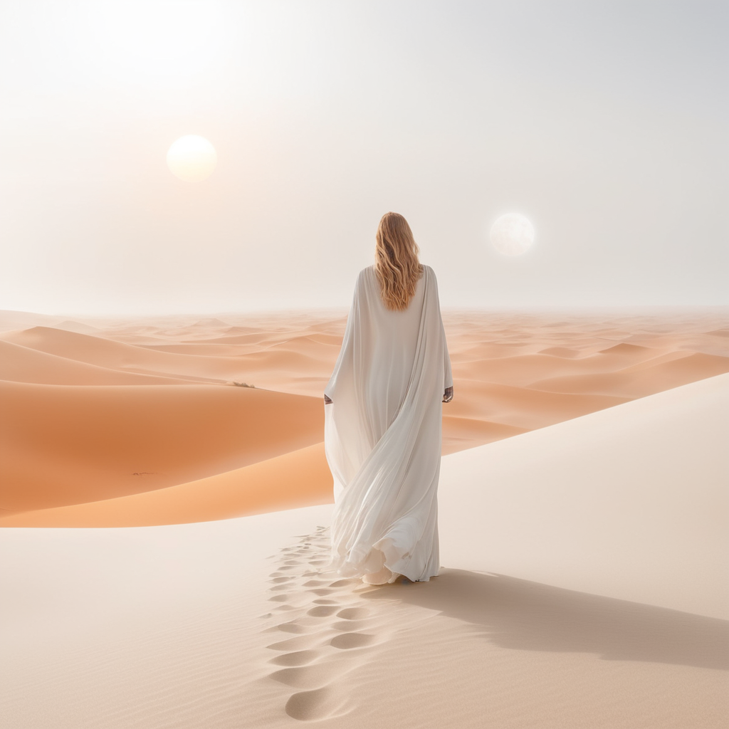 view from behind(((ethereal misty orange cloaked woman figure))), clad in light tones, advancing through a (((dunescape))) under a (glowing, ethereal full moon), with (vast, silvery sand dunes) reflecting an otherworldly light around its surroundings, abstract art