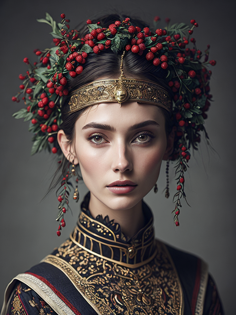 Portrait of a Beautiful women from Russian fairytale wearing traditional costume around bunches of rowan