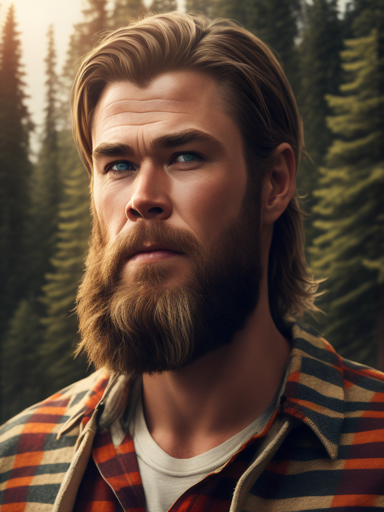 Portrait of Chris Hemsworth as a Canadian lumberjack, with a large beard and a plaid shirt, against the backdrop of a dense forest, bright saturated colors, Contrasting cinematic light