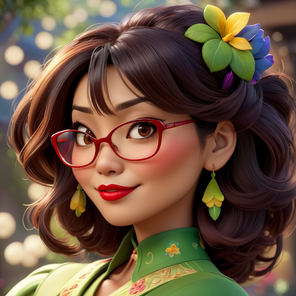 A beautiful Japanese-Brazilian woman, age 42, red lipstick, wearing glasses, brown eyes, shoulder-length dark brown hair, Disney Pixar style