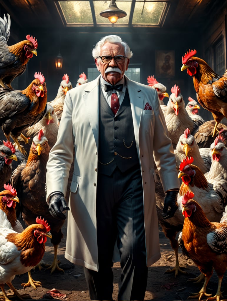 Colonel Sanders as an evil character surronded by chicken, dark and scary scene