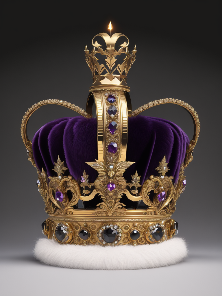 St. Edward’s Gold Crown adorned with gems, Purple velvet, White fox fur, Gray gradient background, Incredibly high detail, deep & bright colors, contrast light
