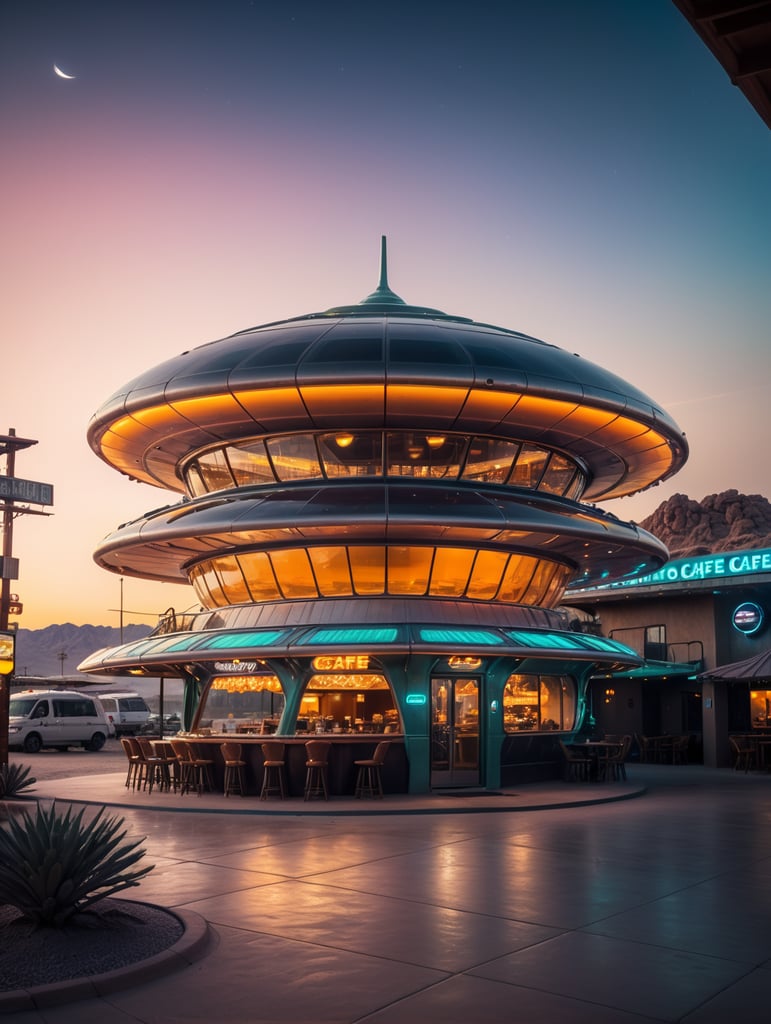 futuristic ufo cafe, desert, an night, neon, glass