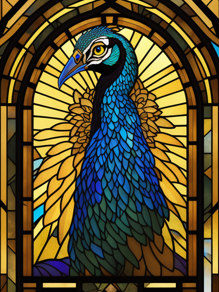 Stained glass smiling peacock, geometric lines, art deco, symmetrical gold tone