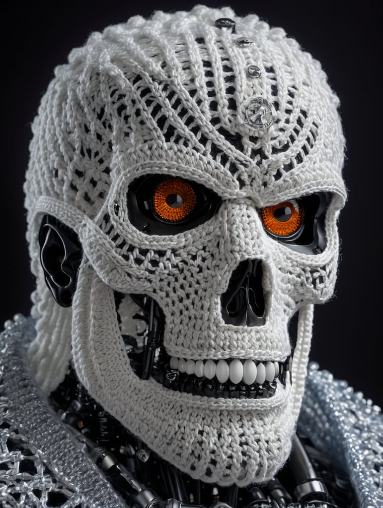 a metal skeleton of a terminator t-800 wearing very hirsute crocheted sweaters for sheeple, portrait