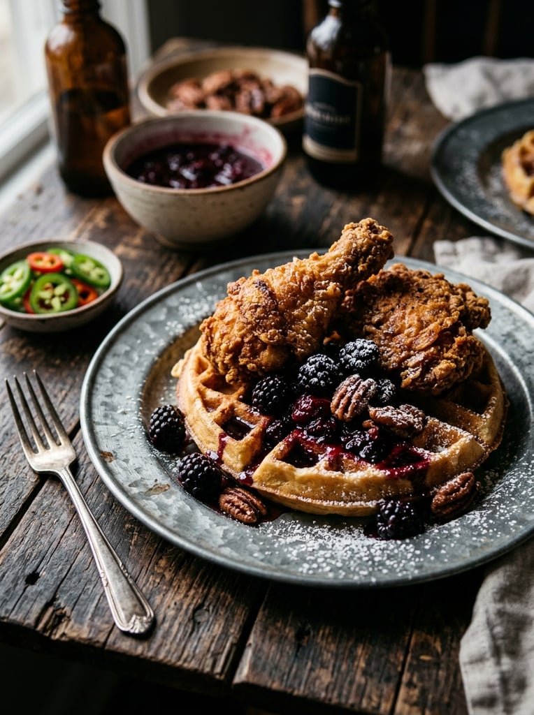 close-up food photography, fried chicken and waffles on a rustic metal plate, topped with plump blackberries, dark berry compote, candied pecans, dusted powdered sugar, weathered dark wood table, vintage silver fork, sliced jalapeños, softly blurred background with a matching plate, amber glass bottles, moody dramatic lighting, shallow depth of field, rich culinary textures
