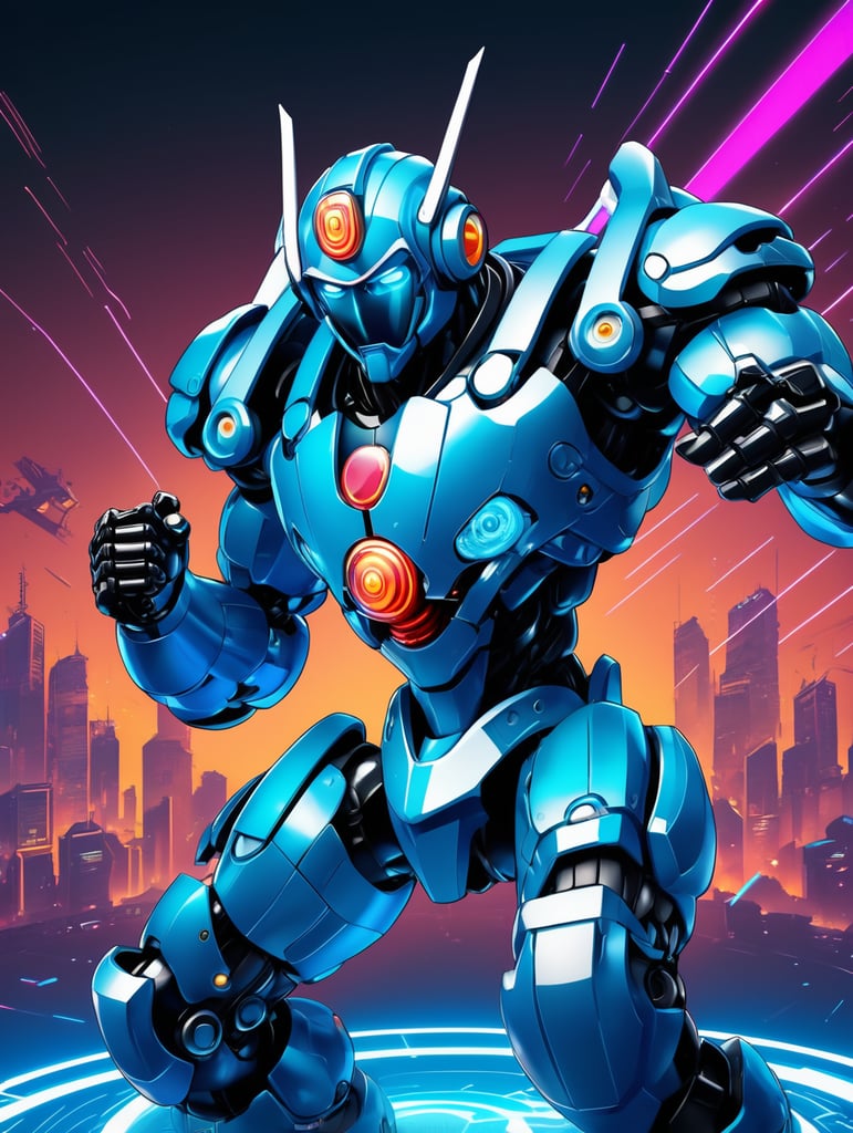 Isometric cyberpunk fighting robot, manga style,