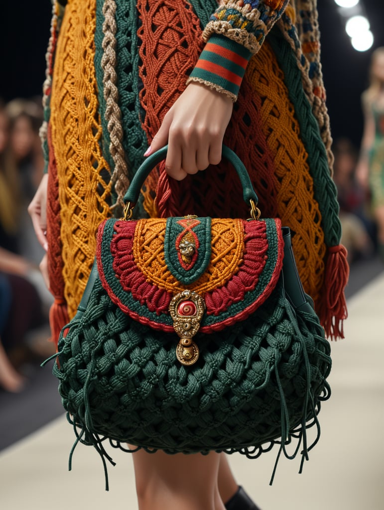 a closeup photo of a small puffy macrame purse made with puffy cords, a Gucci model standing on a runway holding bag with one hand, vogue fashion show, autumn colors