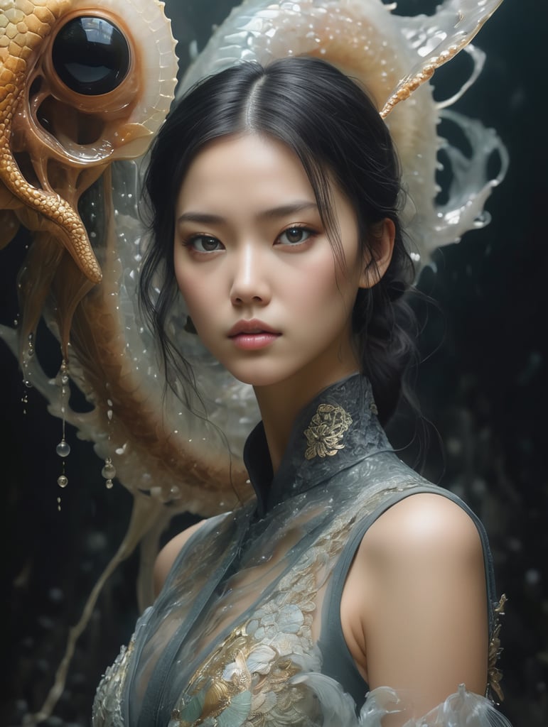 "In a mesmerizing 16K composition, a girl adorned with exquisite details stands before a water dragon in this AI-generated masterpiece. Realism meets cinematic allure with HDR enhancing contrast, vibrant colors, and a touch of muted tones for a soothing ambiance. Cinematic and ambient lighting cast warm tones, intensified by bright and intense elements for a captivating effect. This ultra-realistic illustration, influenced by the artistry of Android Jones, Januz Miralles, and the unique style of Hikari Shimoda, features a ghostly jellyfish radiating a shiny aura. Gold filigree and intricate motifs, inspired by the craftsmanship of Yoshitaka Amano, W. Zelmer, otherworldly landscapes by Yoji Shinkawa:2.0, add depth. Alayna Danner,The composition skillfully blends elements from necronomicon art, botanical art, Egon Schiele, Dang My Linh, resulting in a masterful play of shadows, hyper details, and hyperrealistic qualities. An anime-inspired character with a hypnotic gaze, black baccara:2.0 mosaic glass scales,