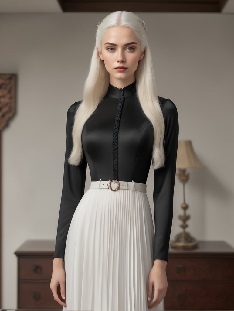 a woman 5 feet 7 inches, thin woman, with very white skin, white eyebrows, white hair, reddish eyes, wearing a black Armani dress Long dress in pleated jersey in a room from the 1500s where everything is white, her serious gaze towards the camera, the photo was developed with a hasselblad camera {next generation of female} ISO 3000, Photo realistic, 32K, {IN THE STYLE OF MINIMALIST SURREALISM}