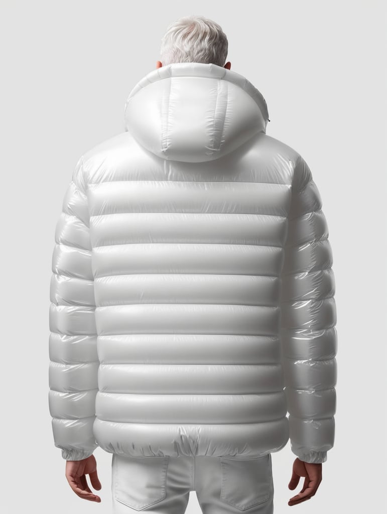 Inflatable white minimalist man's puffer jacket, back view, transparent, isolated, grey background, mockup