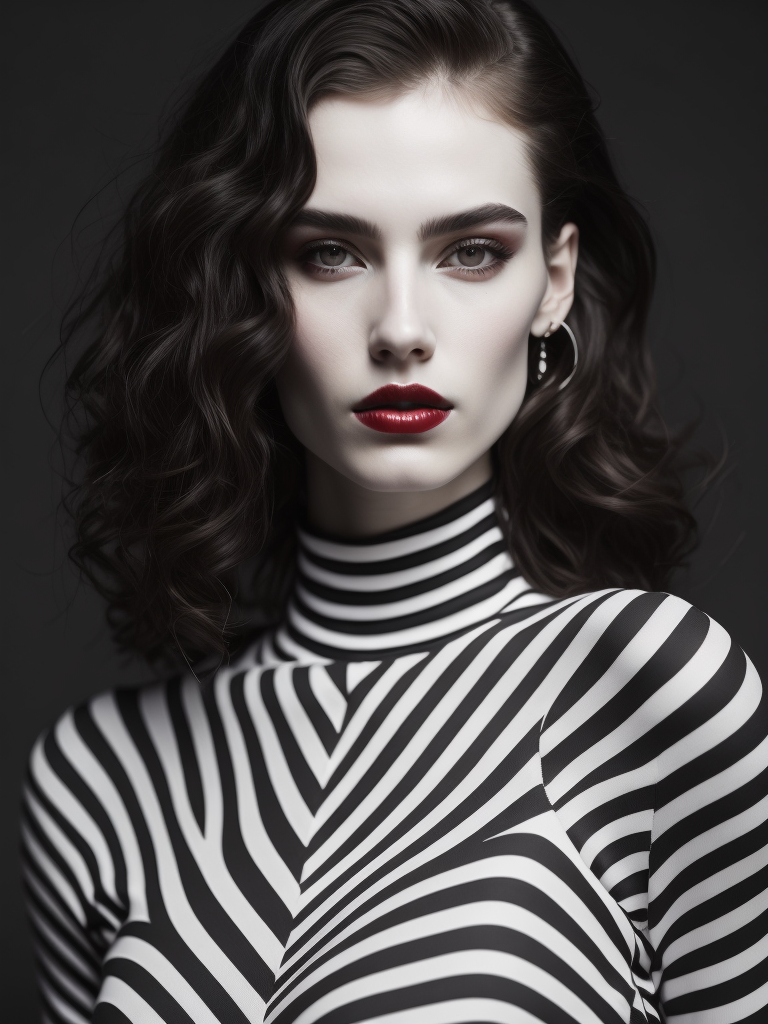 Pale-skinned girl model, wearing a black and white striped dress with a high collar, contrast lighting, Bright red make-up, Black and white curly long hair, dark background, fashion model, magazine cover, professional shot,