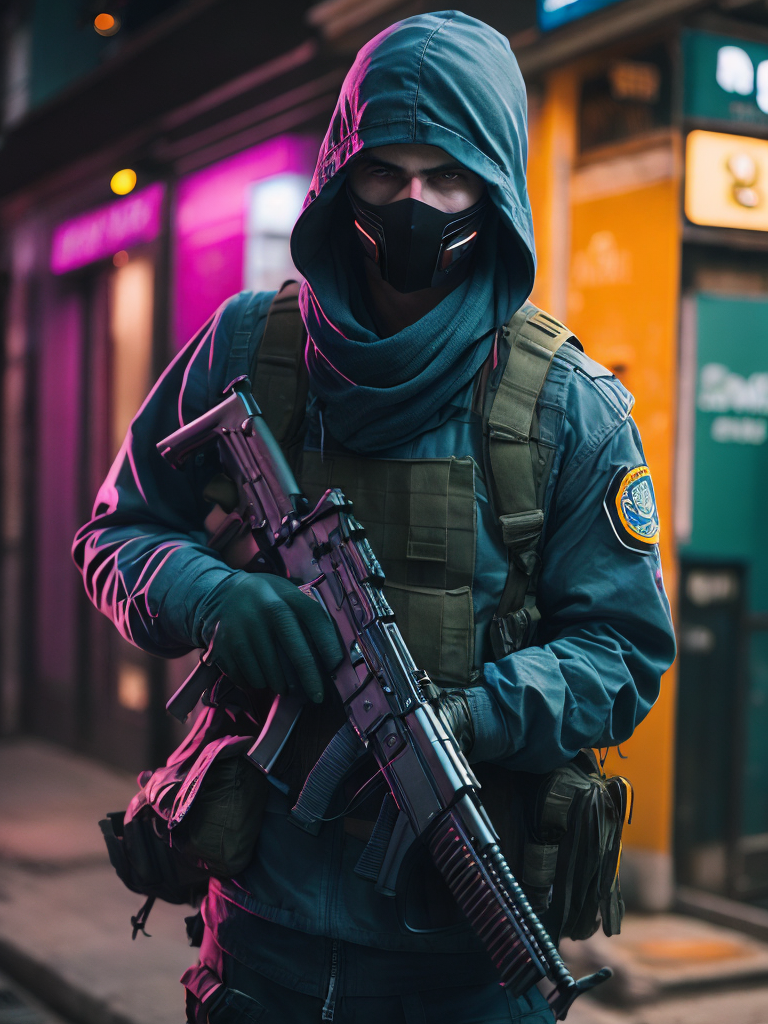 terrorist man with mask from counter strike game with ak-47, ultra realism, super detailed, neon colors, magazine cover, professional shot, magazine photography, bright saturated colors, sharp focus, highly detailed