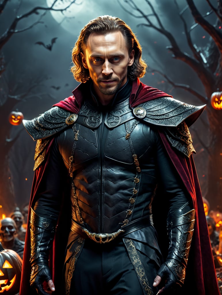 Tom Hiddleston wearing spooky Halloween costume, dynamic pose, saturated colors, Spooky theme