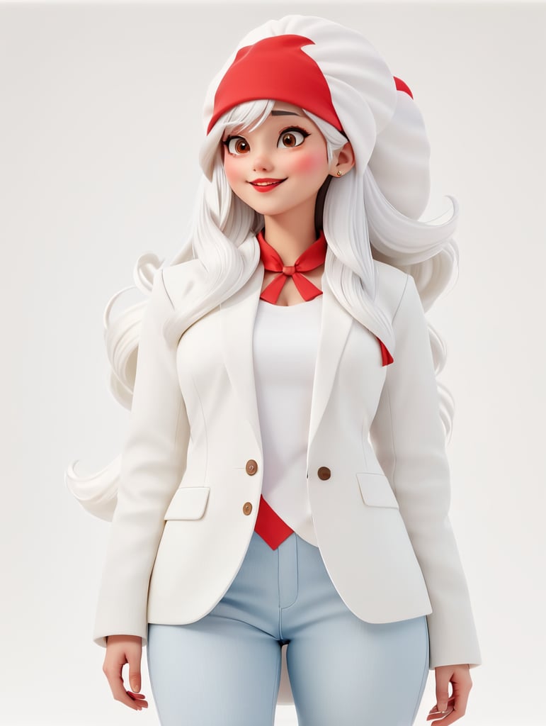 a young women with white hair and red hat on his head is wearing a white lacket, isolated, white background