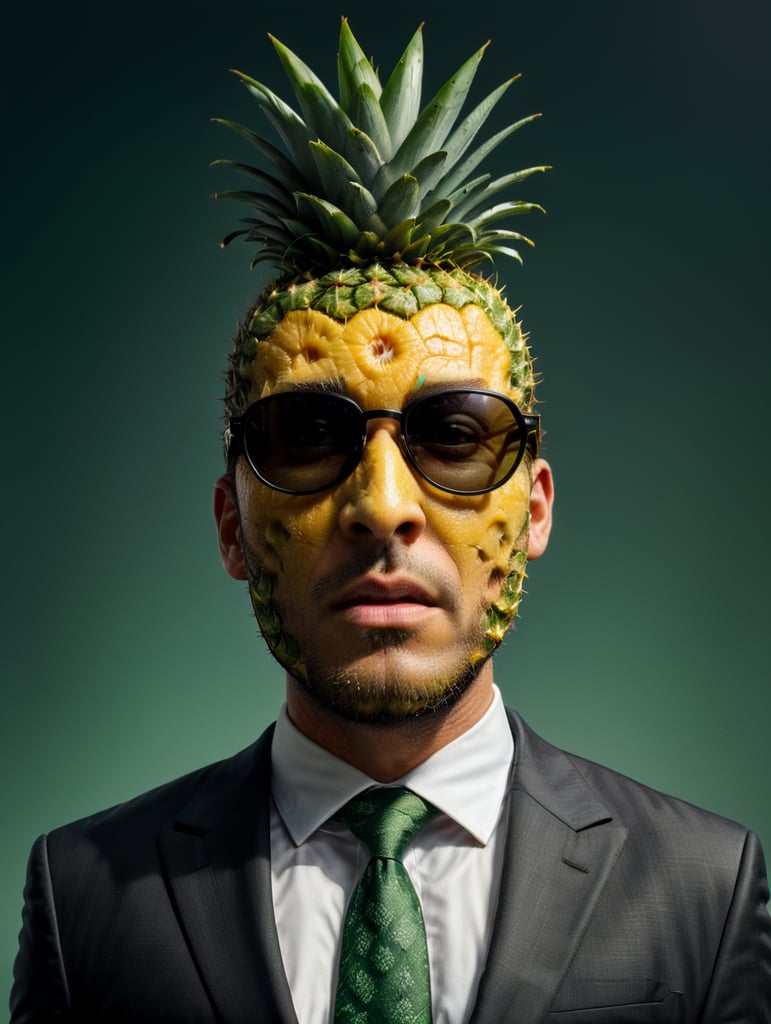 A man in a business suit with a pineapple for a head, green background, sunglasses, isolated