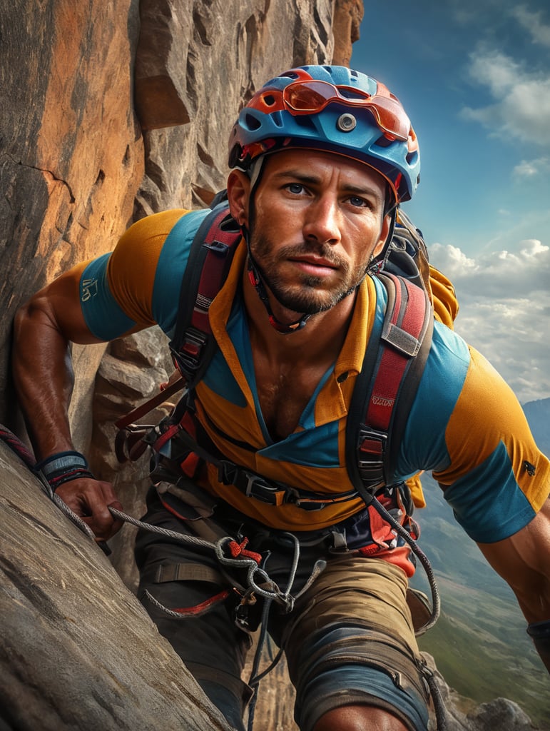 Portrait of the climber Alex magos , bright and saturated colors, elegant, highly detailed,sharp focus,burry background