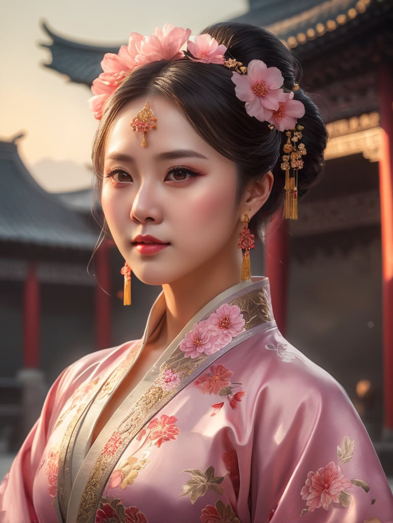 self-protrait, round face, female pink floral chinese costume hanfu, floral, medium shot, golden hour lighting, eye-level front view, dreamy mood, soft focus