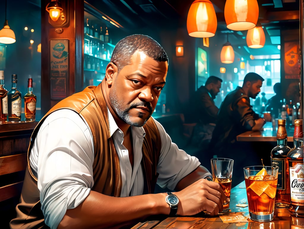 laurence fishburne down on his luck drinking scotch in a sleazy bar