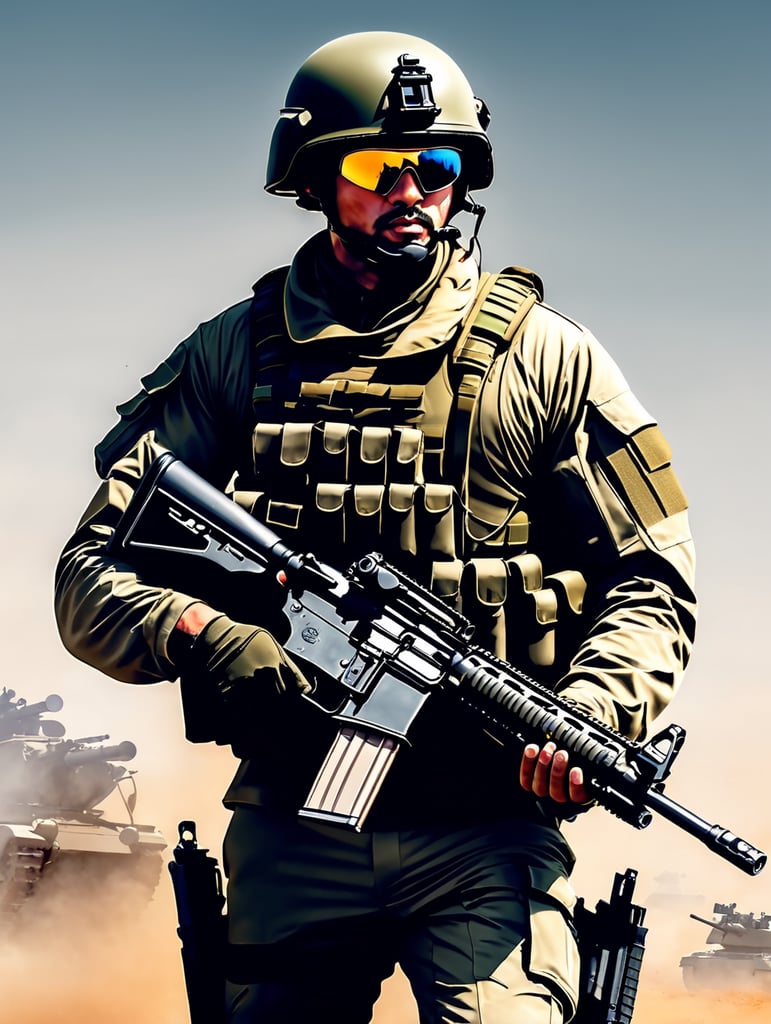 illustration modern solider holding m2 browning