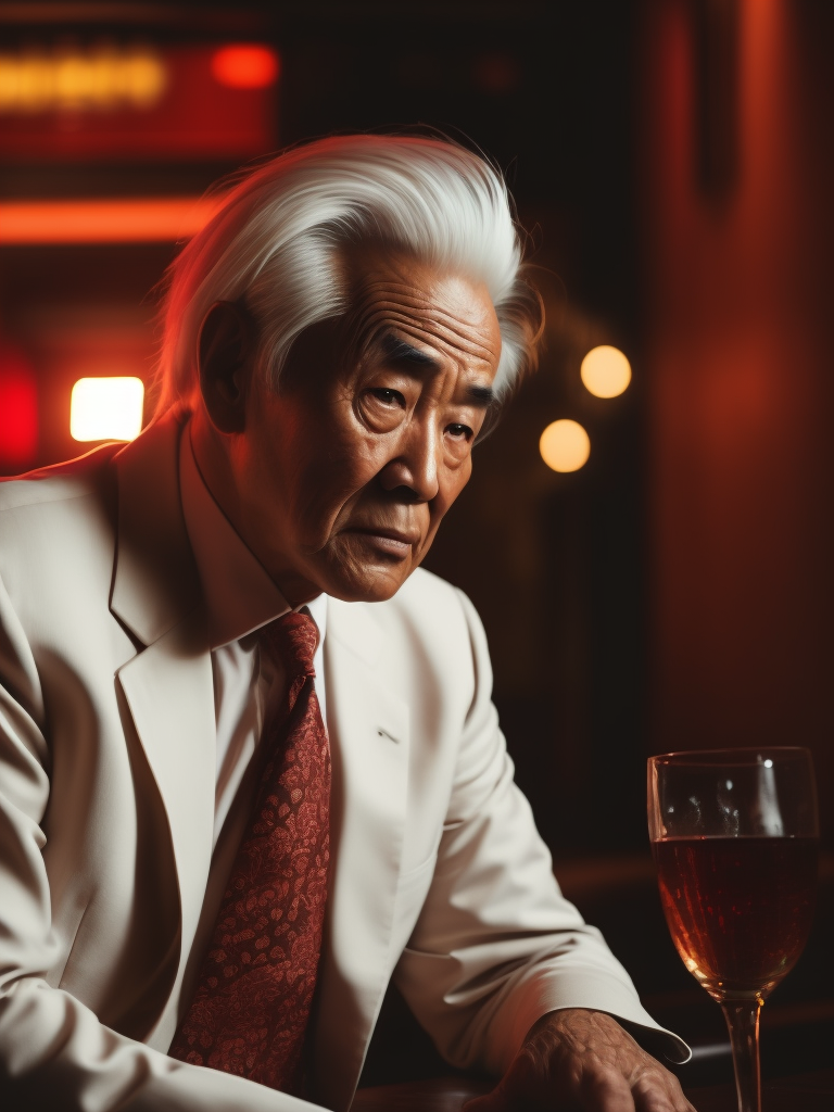 cinematic shot, scene from a movie, portrait of an Asian man 80 years old sitting in a night bar, Asian mafia, father of mafia, angry face, white jacket, red tie, white hair, red Chinese lights on a background, focus on a face, red lighting, low light, dark atmosphere