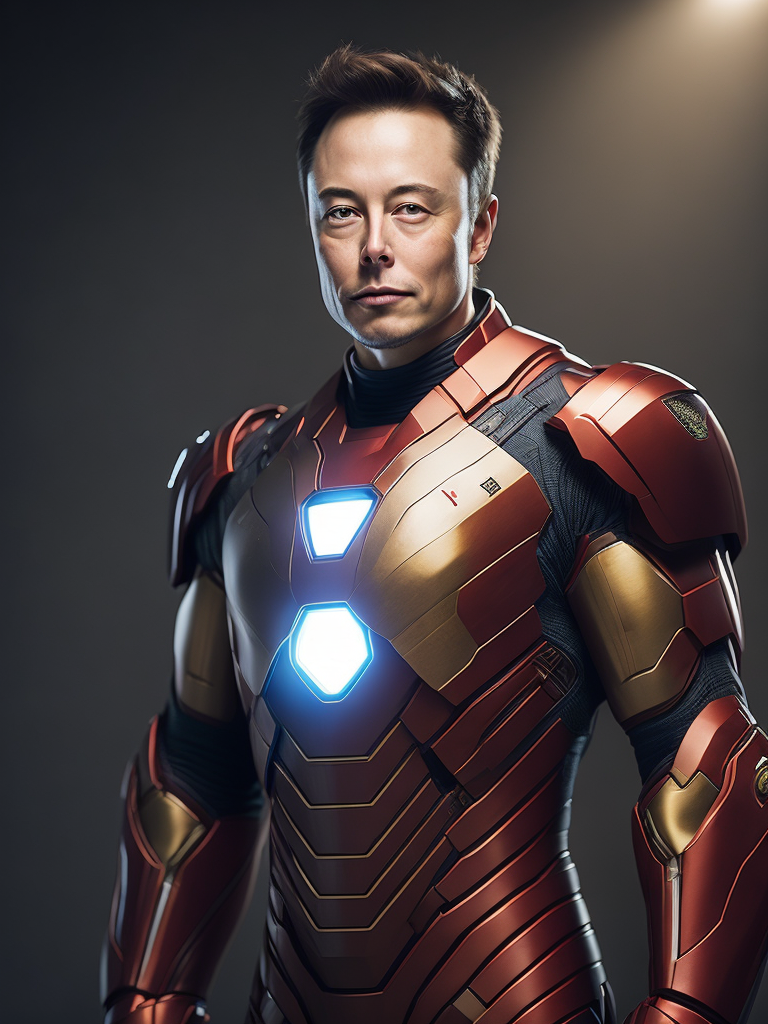 Portrait of Elon Musk in the Iron Man suit from the Marvel Universe, high definition, photography, cinematic, detailed character portrait, detailed and intricate environment,
