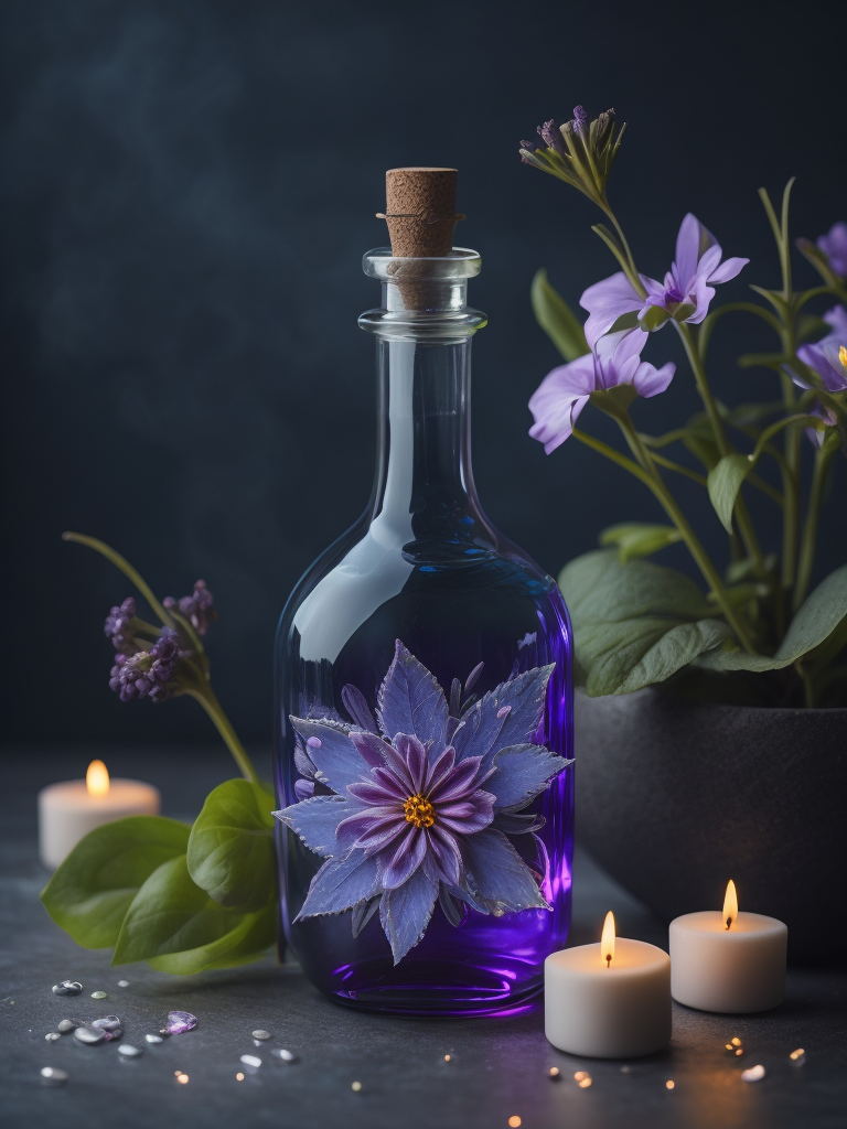 Magic elixir bottle with illuminated liquid, carved glass, decorated with flowers and gems, fairy atmosphere, illumination, dark blue color, smoke