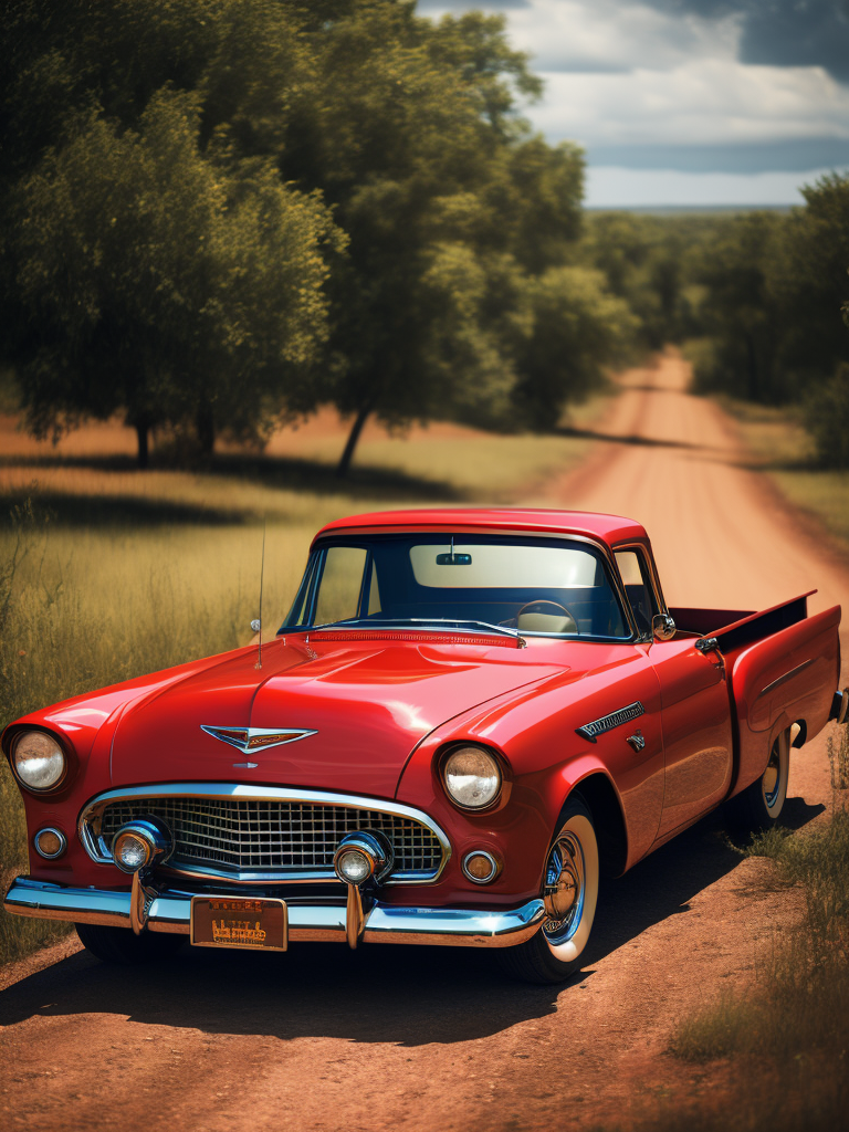 Red ford thunderbird 1955 old fashion truck driving down a dirt road in the country