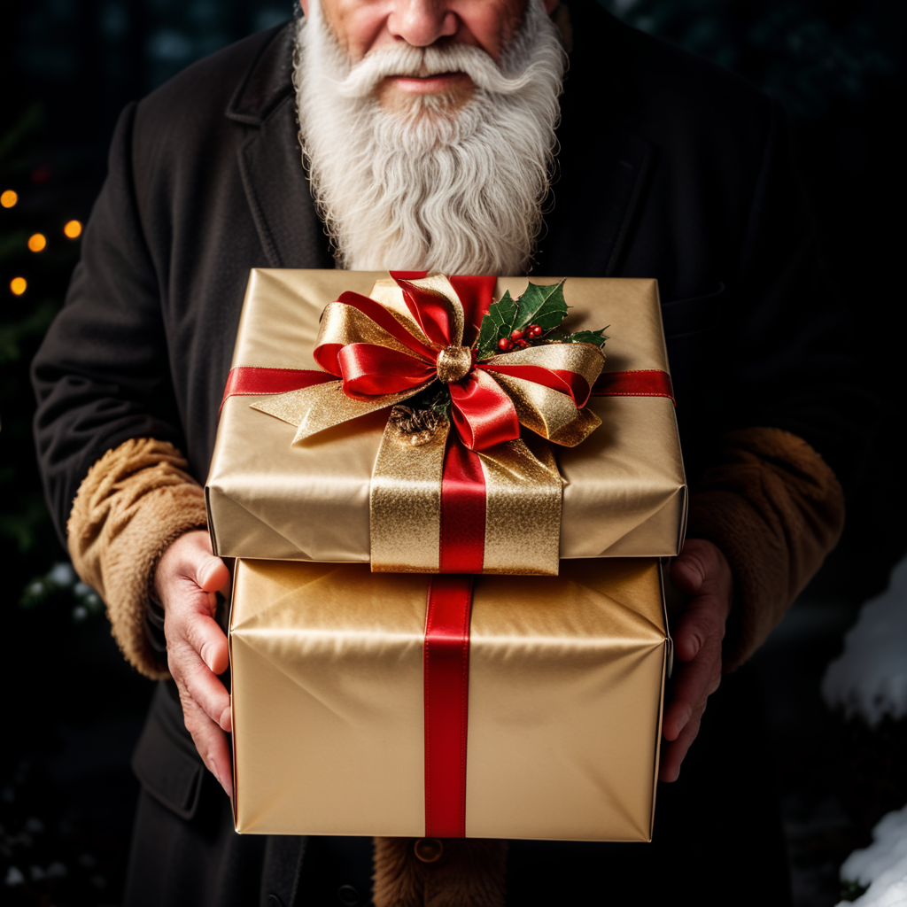 Father Christmas holding a Christmas present in the snow