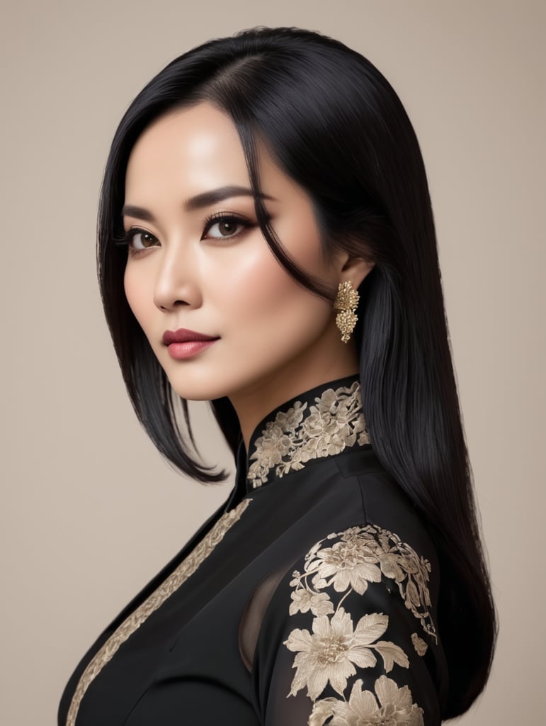 Perempuan berambut lurus hitam panjang sepinggang dengan kebaya hitam, berdagu lancip