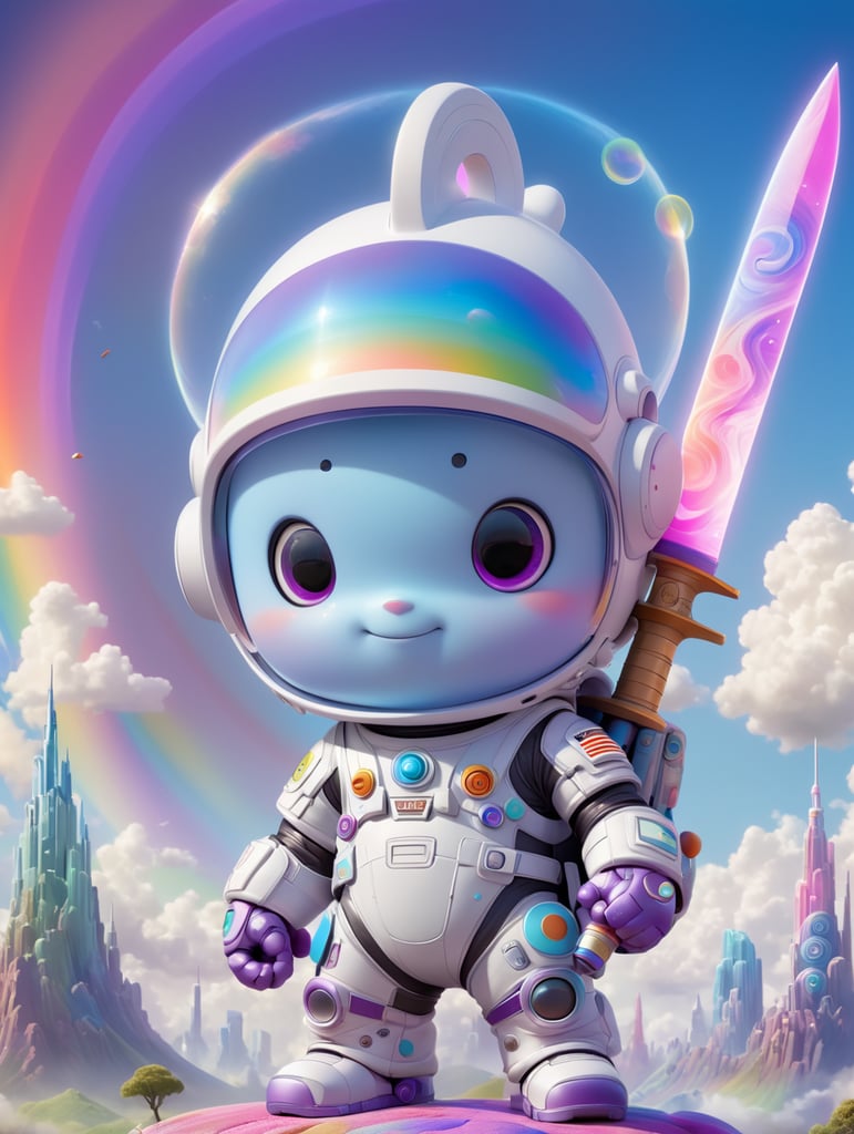 Highly detailed portrait of a cute little astronaut. he has a bright and cheerful color scheme, featuring a mix of pastel blues, pinks, and purples, standing with his arms folded holding a toy sword, surrounded by a swirl of energy. the background is a colorful cartoon landscape, with fluffy clouds and a rainbow. the background is a stark, metallic landscape, with a futuristic cityscape visible in the distance. by atey ghailan, by eduard hopper, by greg tocchini, by james gilleard, grunge aesthetic graffiti