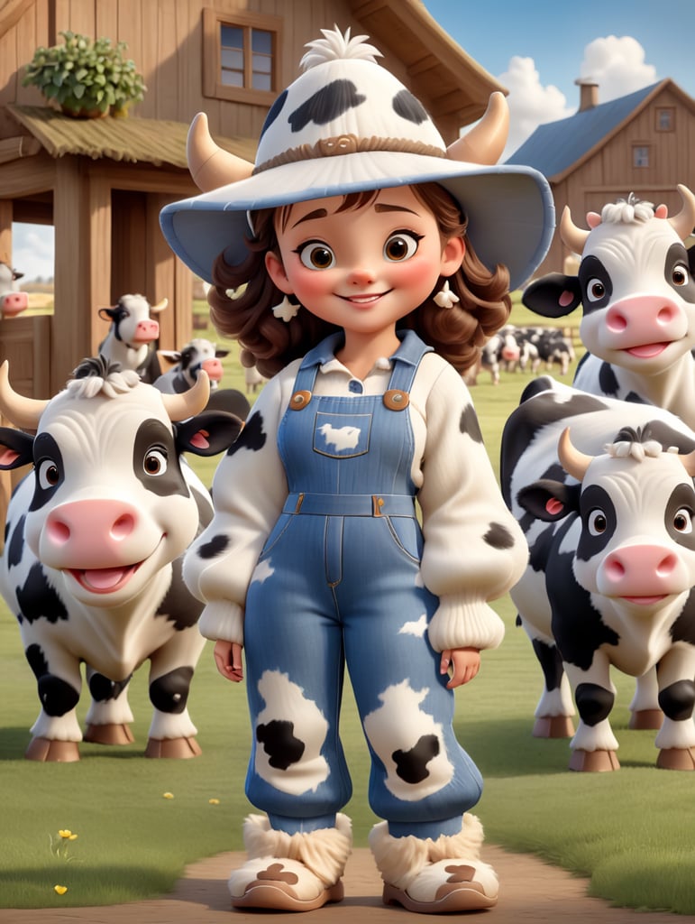 Draw a happy young woman wearing furry slippers on her feet that look like small holstein cows. The woman wears a large cowbow hat and denim overalls, and is standing in a barnyard with cows shown in the background.