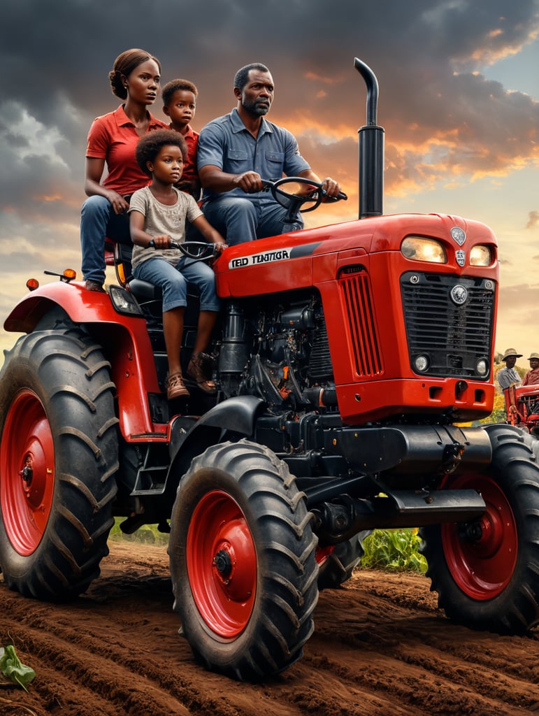 african american family on case red tractor