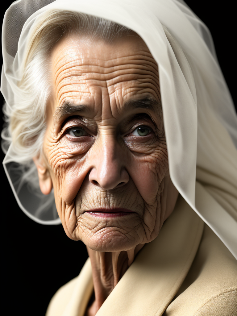 An ultrarrealistic photo of a beautiful woman seat, over 85 years old, sad look, only covered by a transparent white flowing veil, soft light, side light, white background, perfect skin folds