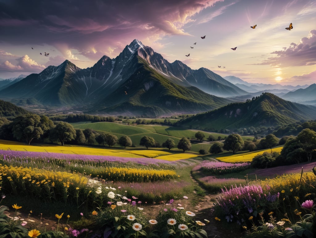 Draw a field with mountains in the background, a yellowish purple sky, a flowery field with different flowers, and butterflies, with some butterflies closer to the viewer's view. The style has to be like a realistic photo