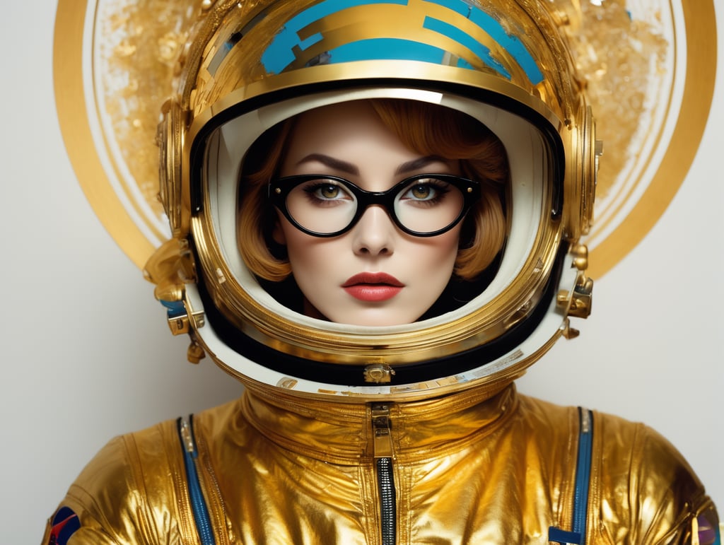 In 1998, abstract fashion photography captured a 1960s astronaut woman in a gold spacesuit with a large helmet and glasses. The art, created by Victor Moscoso and Bridget Riley, used Kodak Ektar 100 film. Carne Griffiths added a touch of magic with fluid art, while artists like Conrad Roset, Ilya Kuvshinov, Mark Fielding, and Zwy Studio emphasized high lights in the eyes. Sergio Lopez and Natalie Shau also contributed to the artwork.