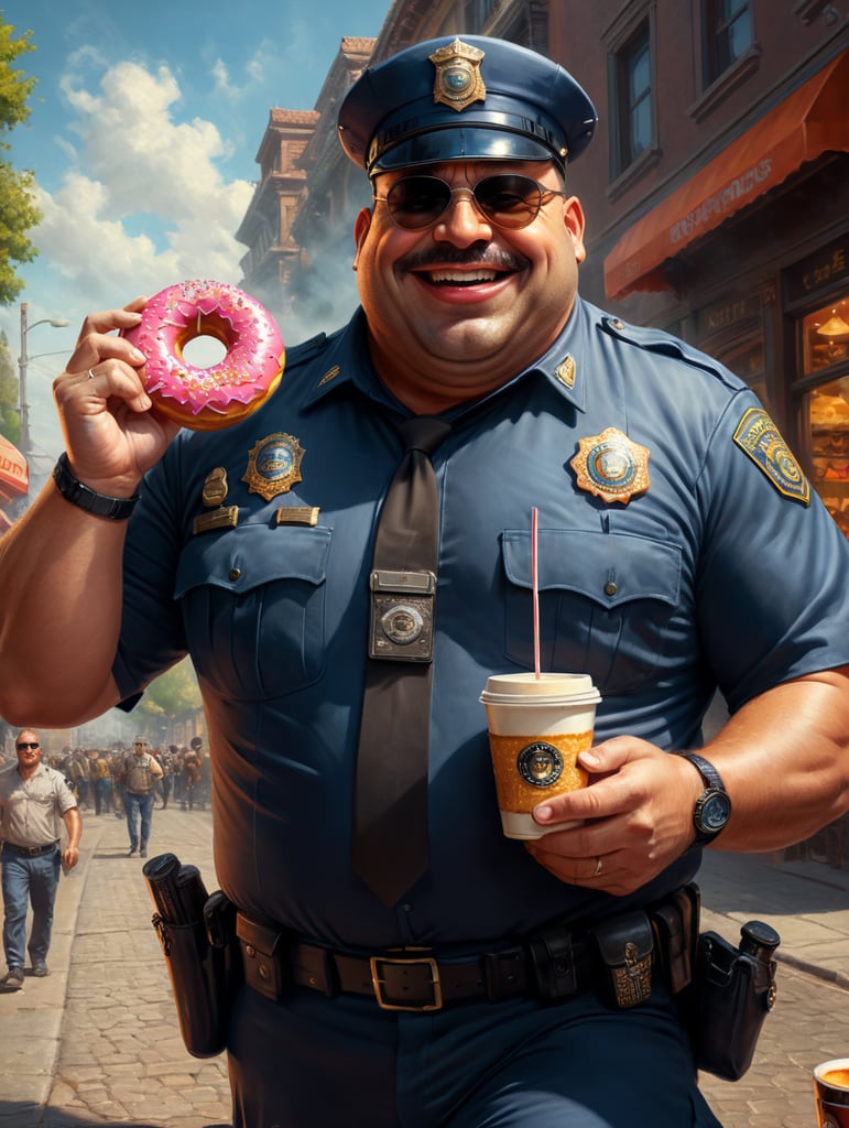 very fat cop with donut and cup of coffee, happy, sunglasses, image, portrait