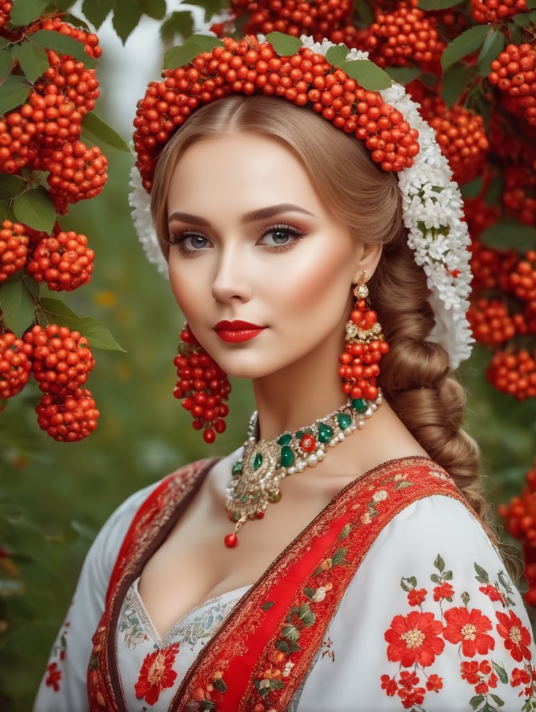 Portrait of a Beautiful women from Russian fairy tale wearing traditional costume around bunches of rowan