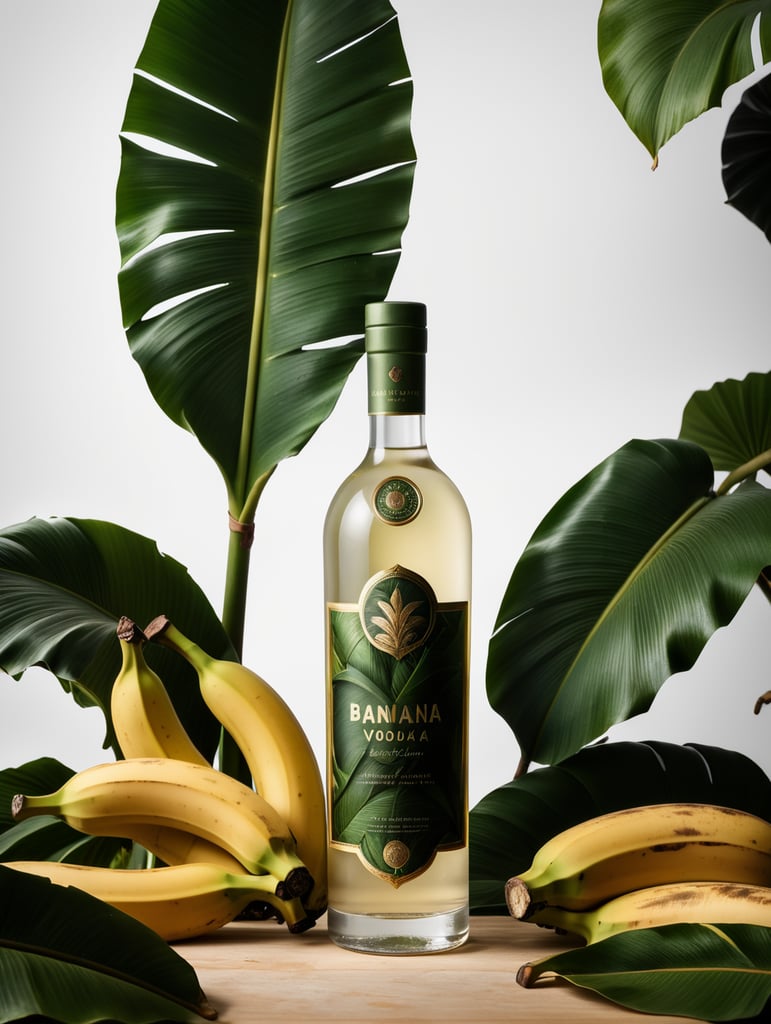 Packaging and branding for a banana vodka brand as if it had been designed by HI ESTUDIO with In a set design with banana, banana leaves.