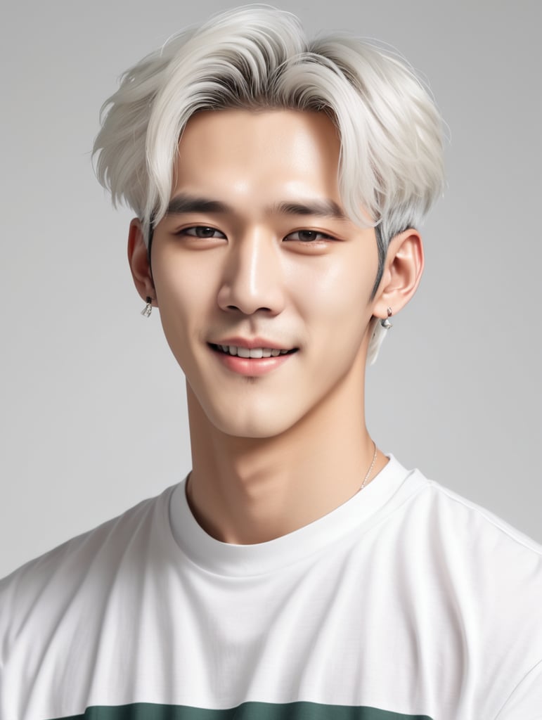 pretty Korean man,20s, very pale skin, small nose, white hair, medium length. Anime, manga, k-pop, popstar, baekhyun, white background, white t-shirt, cute, happy