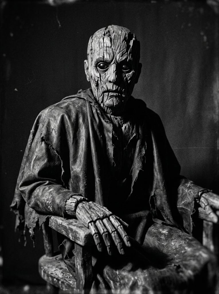 weathered wooden automaton, deeply splintered face resembling scarred bark, pitch-black hollow glass eyes, draped in heavy tattered dark oilcloth, classic black and white horror cinema style, dramatic chiaroscuro lighting, harsh side illumination, deep shadows, vintage film grain, dark background
