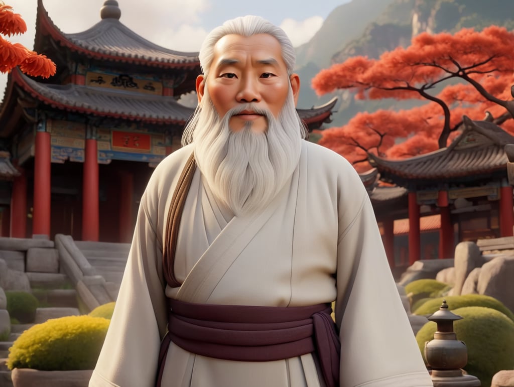 an old Chinese master, 50 years old, with medium white hair and beard, in the garden of the Chinese temple in the mountains, wearing the clothes of a wise monk, full body from head to toe. (((even the shoes appear) )), ,centered on the camera. Disney Pixar style, realistic, 8k, hd, cinematic